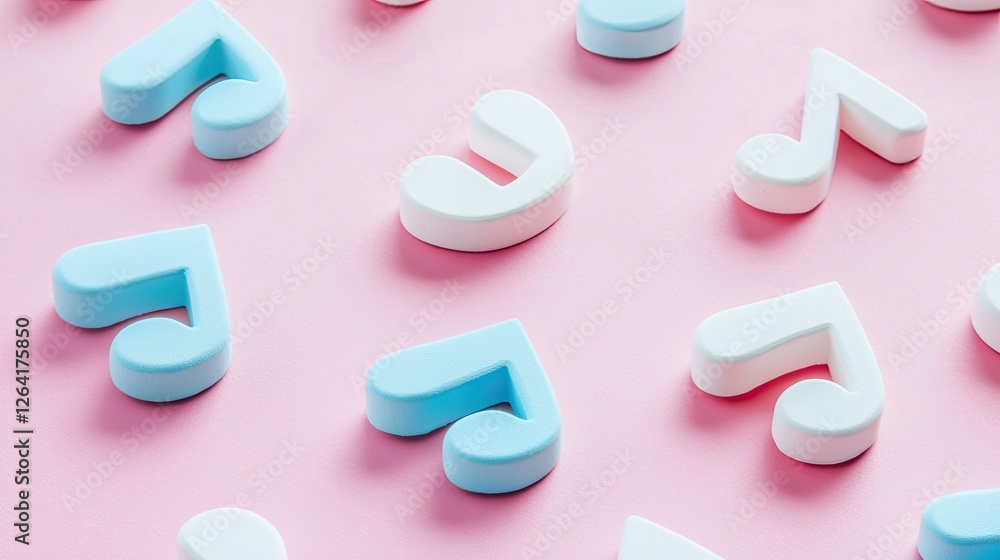 Naklejka premium Colorful musical symbols arranged on a pink background, creating a playful and artistic vibe