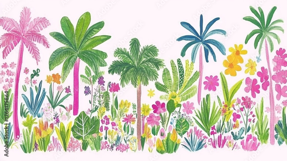 Fototapeta premium Botanical Tropical Watercolor Vibrant Scene with Palm Trees Flowers and Plants for Summer Wallpaper Fabric Prints and Backgrounds