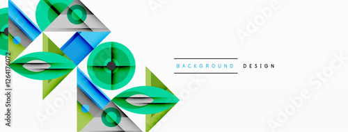 Geometric abstract composition with intersecting shapes, circles, triangles, and gradients, blending vibrant colors and dynamic contrasts to create a modern, futuristic visual design