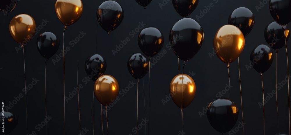 Obraz premium Floating Gold and Black Balloons on Dark Background