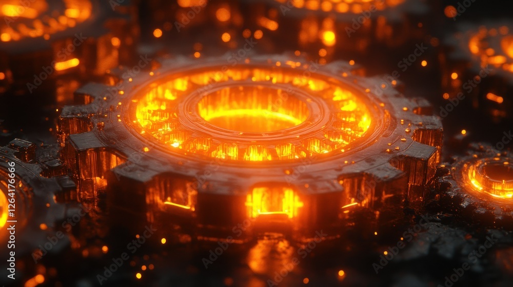 Obraz premium Glowing Cogs: A fiery abstract of intricate gears