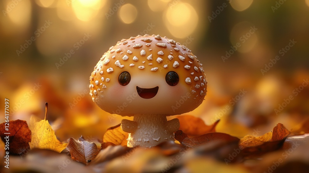 Adorable Smiling Mushroom Figurine in Autumn Leaves Adorable Smiling Mushroom Figurine in Autumn Leaves