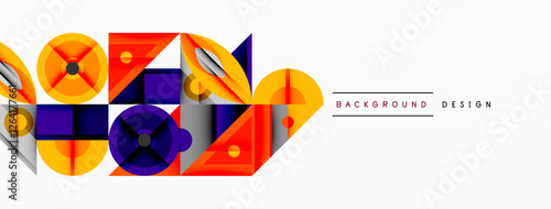 Geometric abstract composition with intersecting shapes, circles, triangles, and gradients, blending vibrant colors and dynamic contrasts to create a modern, futuristic visual design