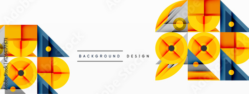 Geometric abstract composition with intersecting shapes, circles, triangles, and gradients, blending vibrant colors and dynamic contrasts to create a modern, futuristic visual design