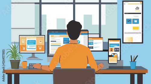A Person Balancing Multiple Tasks with Laptops and Phone, Showing Different Side Hustles Like Freelancing and Online Selling, Side Hustles