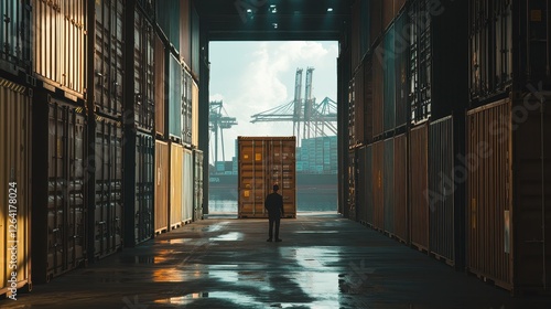 Wallpaper Mural Back view of a logistics coordinator ensuring stock container in a brightly port. Torontodigital.ca