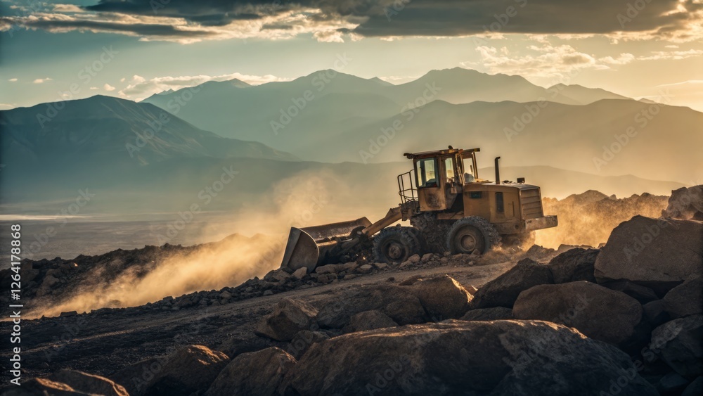 Fototapeta premium Vintage Bulldozer Crushing Rocks: Dramatic Sepia Landscape Photography
