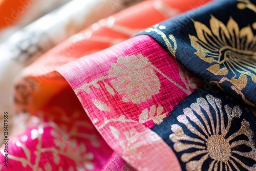 Vibrant close up of patterned fabrics showcasing intricate floral and geometric designs with a space for text. Generative AI