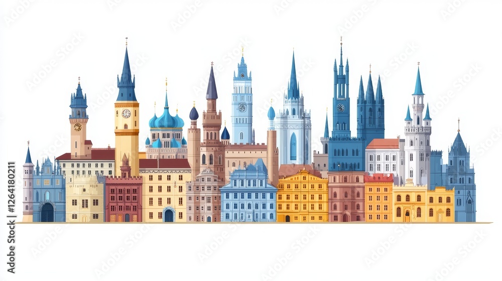 Fototapeta premium Whimsical Cityscape Illustration Architectural Diversity Atypical Towers Urban Fantasy Cartoonish Style Detailed City Building Composition