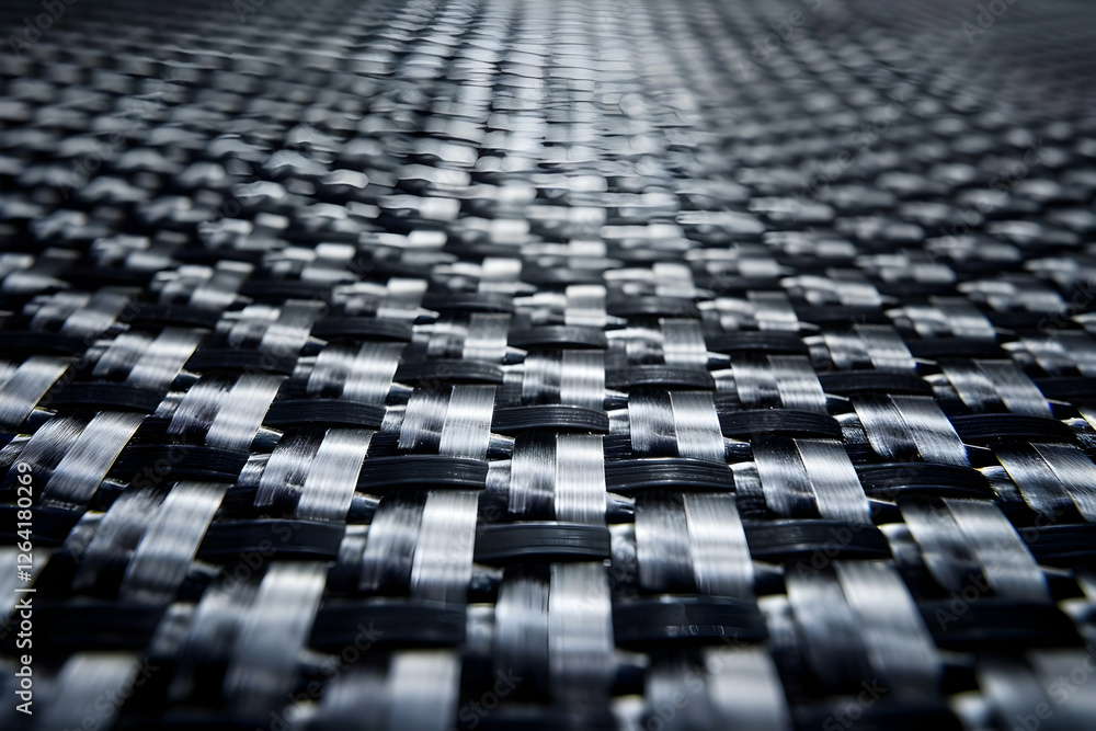 Close-up view of a woven black and silver textured surface, showcasing intricate patterns and depth