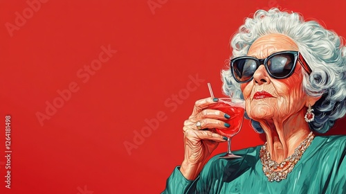 Joyful Older Woman in Stylish Sunglasses Enjoying a Refreshing Glass of Wine While Relaxing Outdoors on a Bright Sunny Day Radiating Happiness and Contentment in a Lively Social Atmosphere