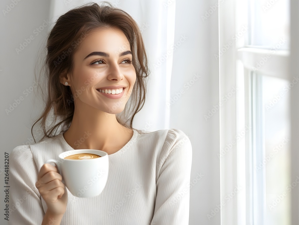 Smiling Businesswoman Enjoying Coffee Break with Window View Smiling Businesswoman Enjoying Coffee Break with Window View