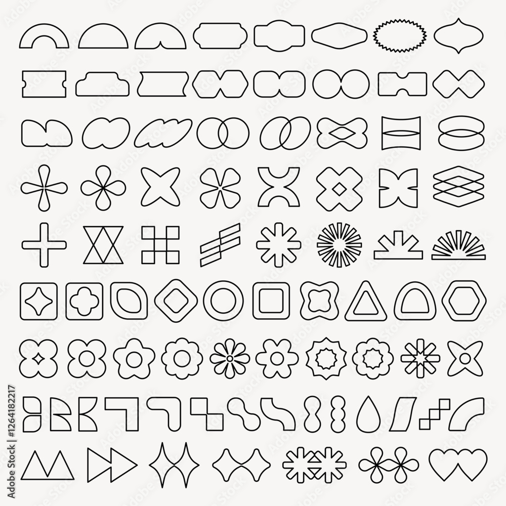 Fototapeta premium Vector elements. Collection of geometric shapes, outlines of geometric forms, abstract geometric patterns, and diverse geometric designs in a grid layout. Black shapes, vector element set.