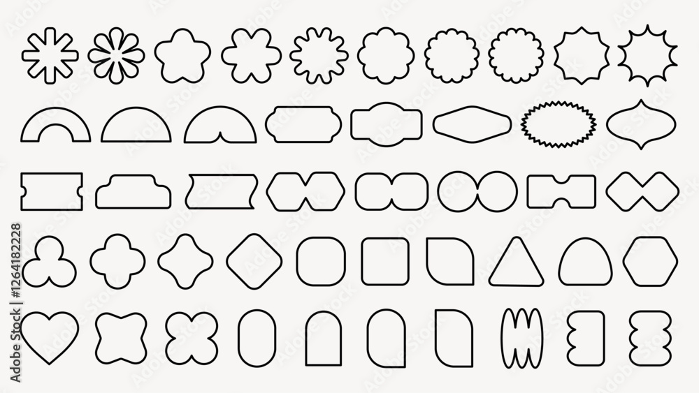 Fototapeta premium A collection of 48 unique geometric shapes, including stars, circles, and triangles. These geometric shapes are outlined and vary in complexity and style. Black shapes, vector element set.