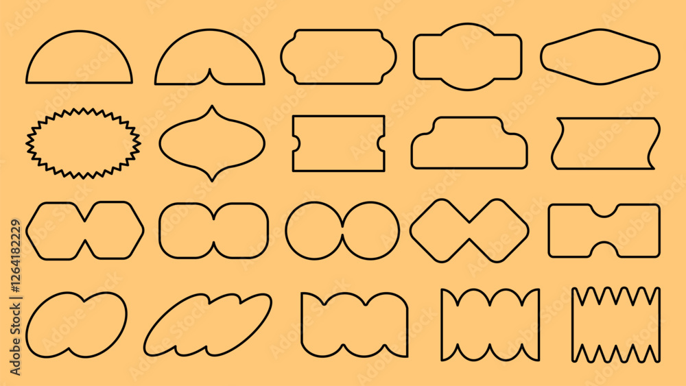Obraz premium Vectors. Set of 20 black outline shapes on an orange background. Shapes include circles, ovals, and zigzags. Variety of geometric shapes, perfect for design projects. Black shapes, vector set.