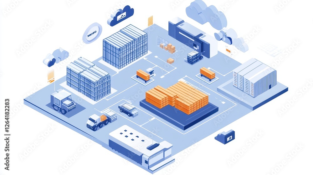 Cloud-based logistics system connecting global warehouses, digital supply chain. Cloud-based logistics system connecting global warehouses, digital supply chain.