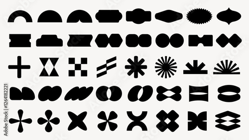 Abstract black shapes on white background. Geometric patterns, abstract designs, and bold black shapes create a striking visual. Shapes and patterns repeat. Black shapes, vector element set.