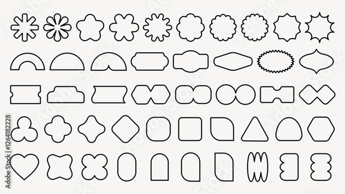 A collection of 48 unique geometric shapes, including stars, circles, and triangles. These geometric shapes are outlined and vary in complexity and style. Black shapes, vector element set.