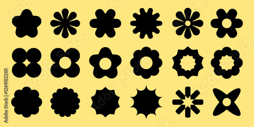 Silhouette flower shapes on yellow. Various flower silhouettes in black. Flower designs, floral patterns, flower motifs, and flower icons in silhouette. Black shapes, vector element set.