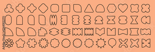 Collection of abstract shapes in black outlines on a peach background. Geometric shapes, abstract shapes, and outlines create a modern, artistic design. Black shapes, vector element set.