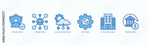 Business And Tech Essentials Icon Set Icon Set Isolated Vector Illustration Concept With Icon Of Protection, Connection, Cloud Computing, Settings, Office Building, Transaction In Blue Style