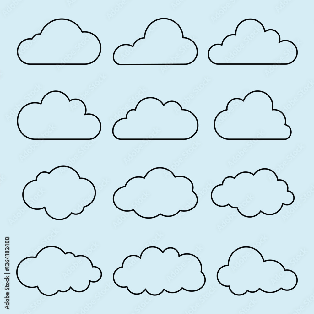 Set of twelve cloud outlines on a light blue background. Cloud shapes vary in size and form. Simple cloud design, perfect for weather-themed projects. Weather illustration, vector set. Set of twelve cloud outlines on a light blue background. Cloud shapes vary in size and form. Simple cloud design, perfect for weather-themed projects. Weather illustration, vector set.
