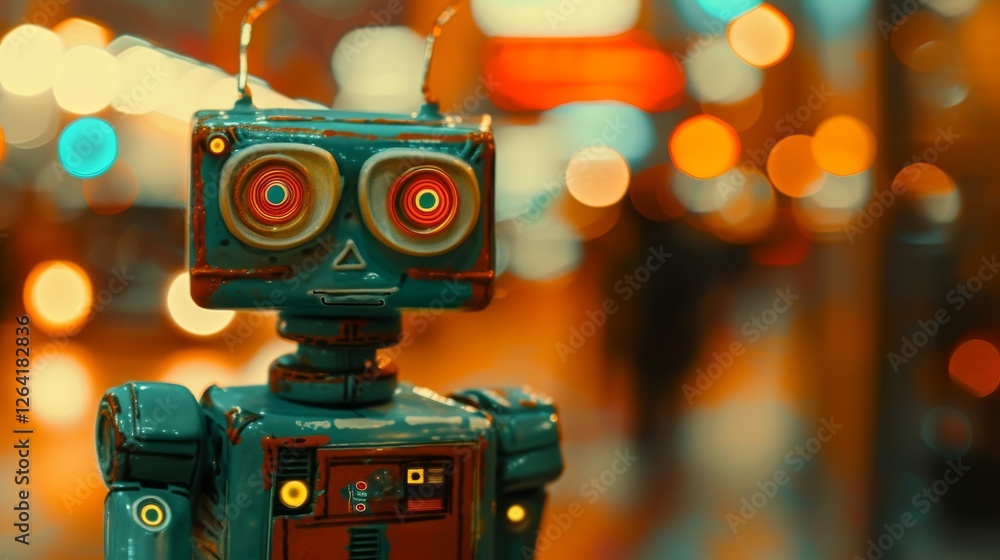 Fototapeta premium A vintage robot with glowing circular eyes stands against a blurred neon-lit background, evoking a nostalgic yet futuristic feel. The cyberpunk aesthetic enhances the sci-fi mood. AI generated.