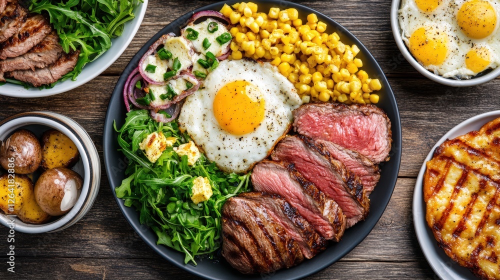 Colorful Array of Grilled Meat and Eggs Surrounded by Fresh Greens Colorful Array of Grilled Meat and Eggs Surrounded by Fresh Greens