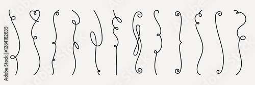 Vector set. Set of 12 elegant, curly line designs. Each line is unique, showcasing various curls and loops. Perfect for decorative, artistic, and creative projects. Hand drawn ornament vector set.