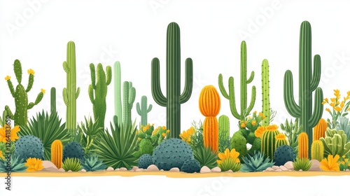 Desert botanical illustration with flowering cacti succulents and rocks for print and textile isolated on white background banner