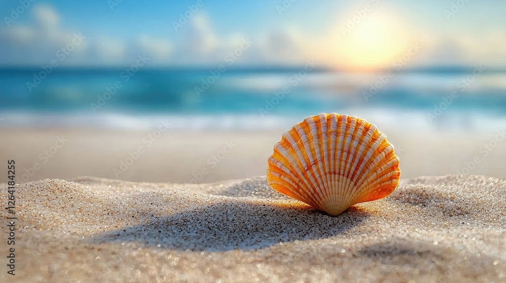 Obraz premium A vibrant seashell resting on sandy beach with gentle waves and a sunset in the background