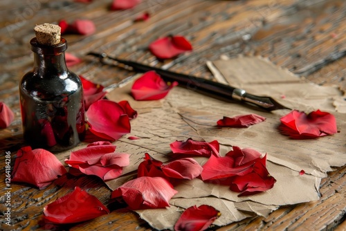 Vintage-style love letters scattered on a wooden table with a quill and ink bottle