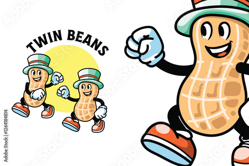Cheerful and energetic peanut characters in a playful pose, perfect for food or snack related themes. Bright colors enhance their joyful vibe.