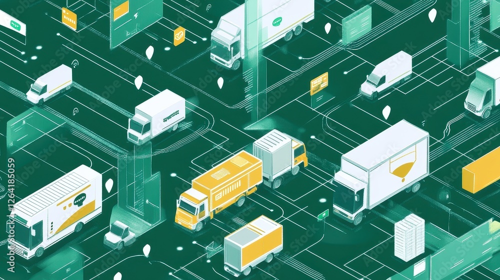 Fototapeta premium Digital payment icons flowing into delivery network, seamless transaction logistics. 