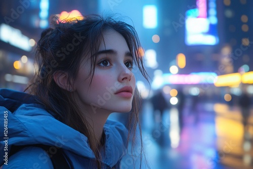 Young Woman Gazing at City Lights at Night