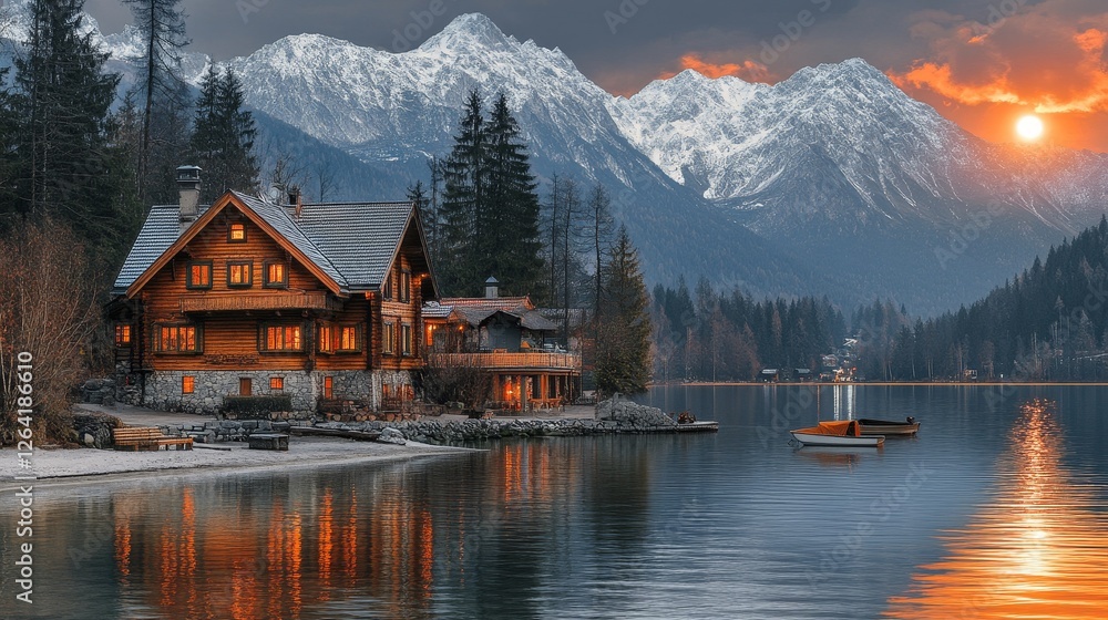 Naklejka premium Picturesque Lakeside Cabin at Dusk Amidst Majestic Snow Capped Mountains reflecting into the Calm Water Surface serene wilderness