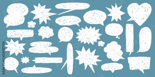 Collection of white speech bubbles on a blue background. Speech bubbles vary in shape and size. Ideal for comics, illustrations, and creative designs. Message illustration vector.