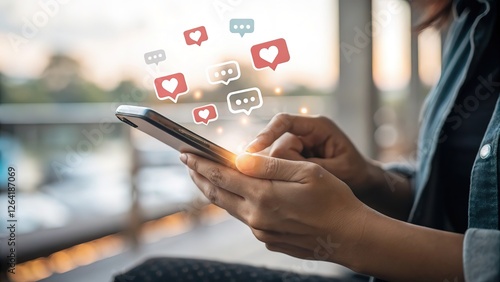 Person using a smartphone with social media like and comment icons, representing online engagement and digital communication