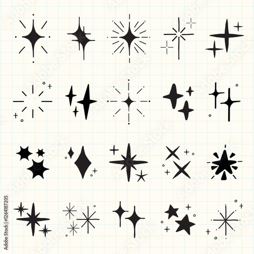 Collection of black star and sparkle icons on a grid background. Various star shapes and sparkle designs. Simple star and sparkle graphics for decoration. Element vector set.