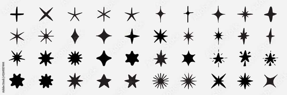 A collection of 36 black star icons on a grid. Various star shapes, sizes, and styles. Star icons for design, star patterns, and creative projects. Element vector set. A collection of 36 black star icons on a grid. Various star shapes, sizes, and styles. Star icons for design, star patterns, and creative projects. Element vector set.