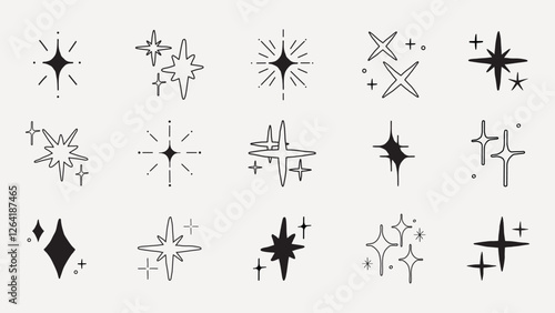 Set of 12 black starburst icons in various styles. Starburst designs feature different shapes and sizes. Starburst graphics for decoration and design. Element vector set.