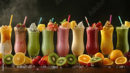 Colorful fruit smoothies, garnished, dark background, food photography, menu use photo