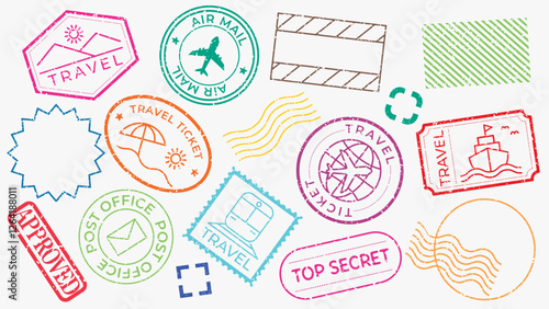 Colorful travel stamps featuring planes, ships, and trains. Travel icons like airmail, express delivery, and travel tickets in vibrant designs. Colorful stamps, vector set.