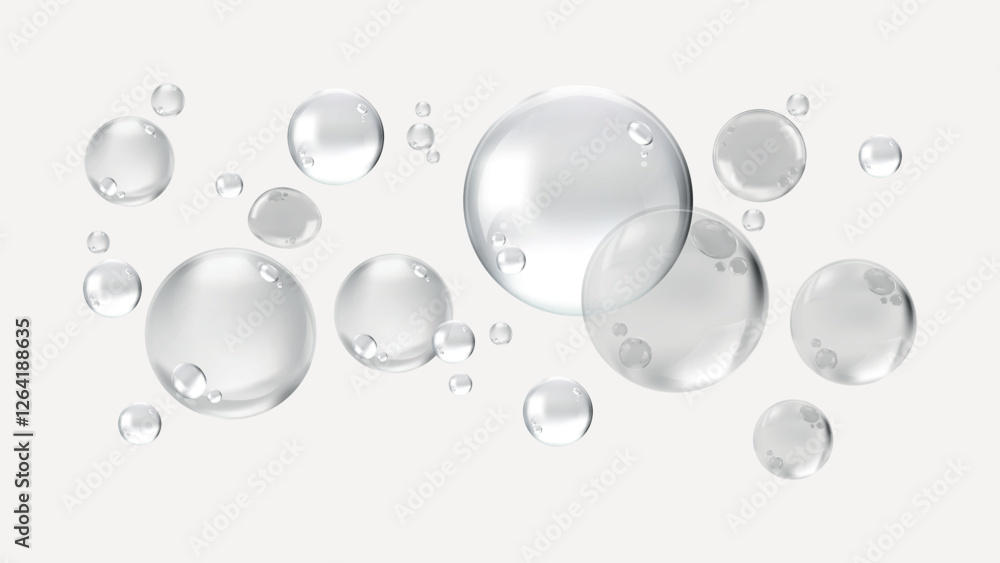 Floating transparent bubbles on a white background. Bubbles vary in size, creating a playful, airy feel. Bubbles add a whimsical, light touch to the scene. Soap bubble element vector set. Floating transparent bubbles on a white background. Bubbles vary in size, creating a playful, airy feel. Bubbles add a whimsical, light touch to the scene. Soap bubble element vector set.