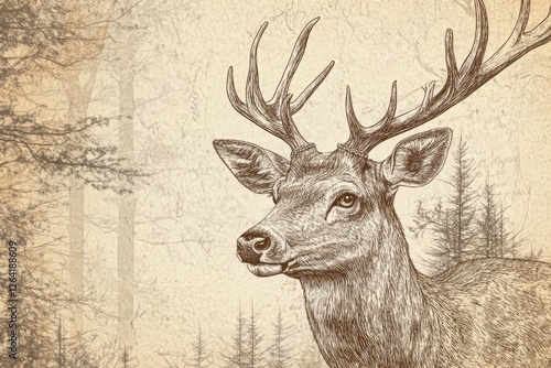 Intricate engraved deer portrait showcasing fine line work in sepia tones with space available for personalized text. Generative AI photo