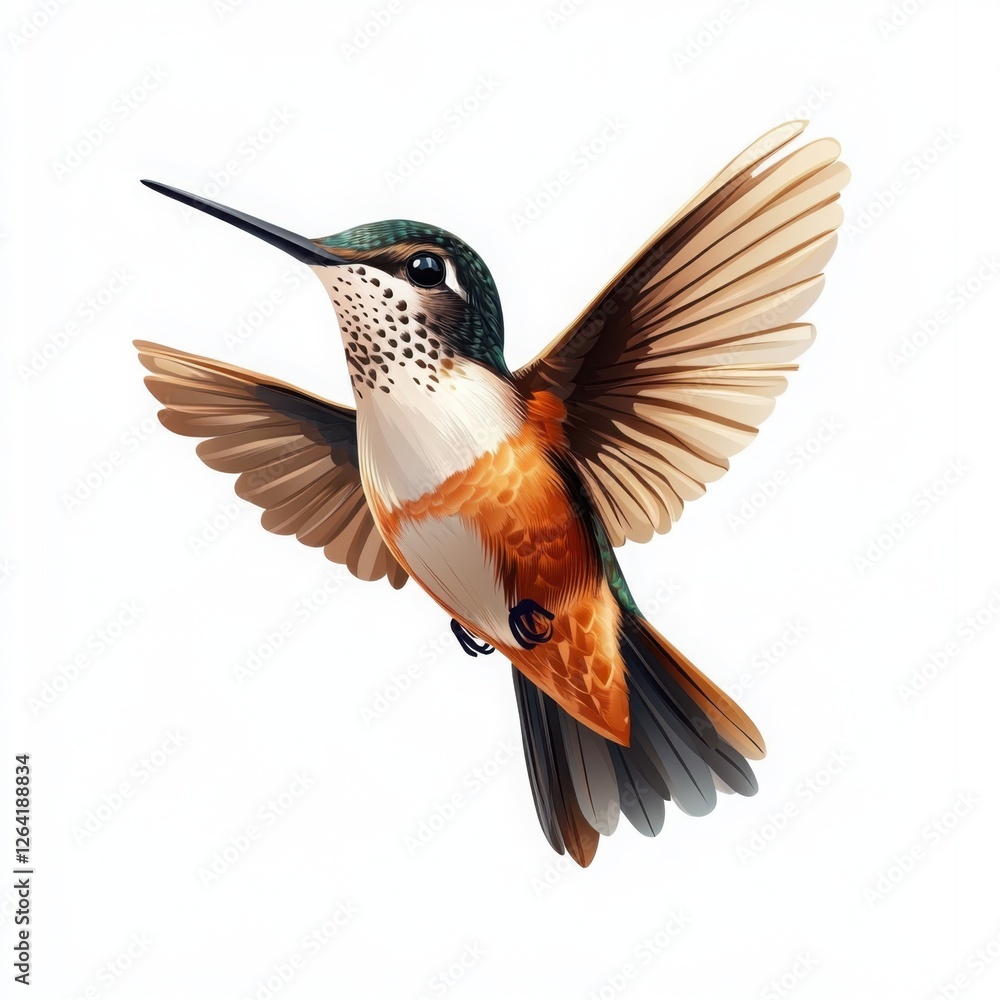 Fototapeta premium A stunning close-up of a vibrant hummingbird hovering in mid-air, showcasing its iridescent feathers and delicate wings, perfect for nature lovers and wildlife enthusiasts.
