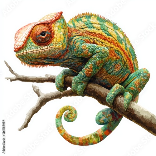 A vibrant chameleon perched on a branch, showcasing its colorful skin and unique texture. This stunning creature demonstrates the beauty of nature and the art of camouflage.