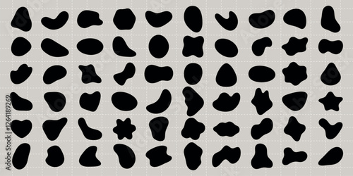 Abstract black shapes on a grid background. Various abstract shapes create a pattern. Shapes are irregular and black, forming a unique abstract design. Black shape vector set.