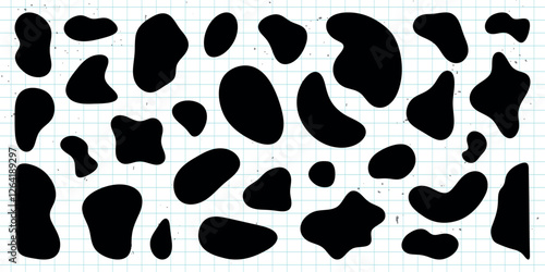 Abstract black shapes on a grid background. The shapes vary in size and form, creating a pattern. Black shapes contrast with the grid, forming a unique design. Black shape vector set.