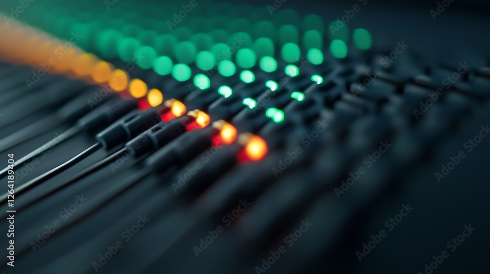 Close-up of illuminated audio mixer switches in a dark studio, showcasing vibrant colors and depth Close-up of illuminated audio mixer switches in a dark studio, showcasing vibrant colors and depth